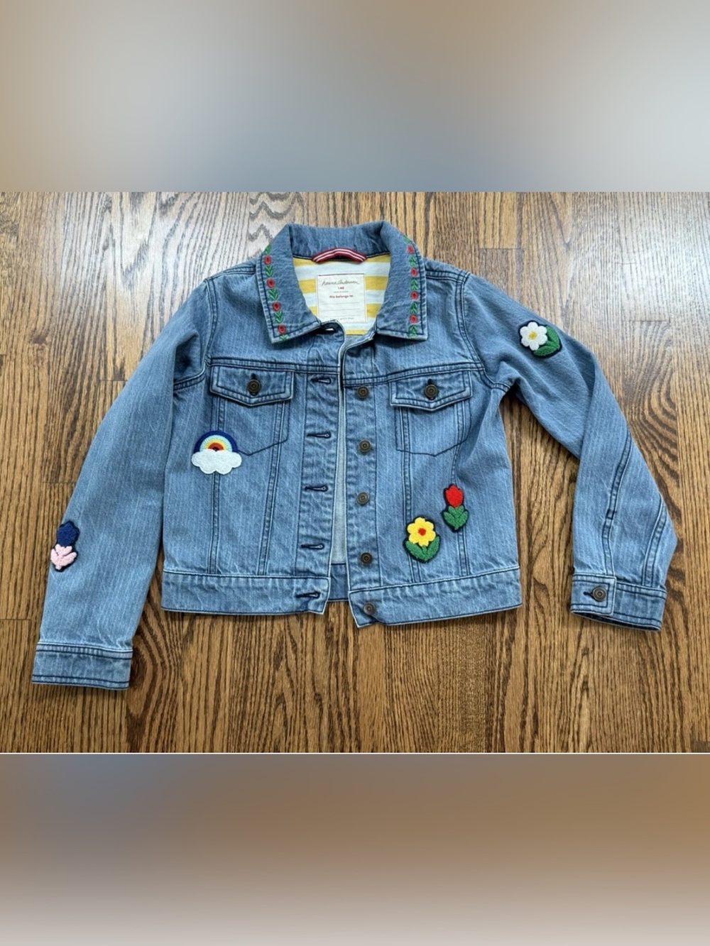 Hanna Andersson Embroidered Patch Denim Blue Jean Jacket Girls Size 140